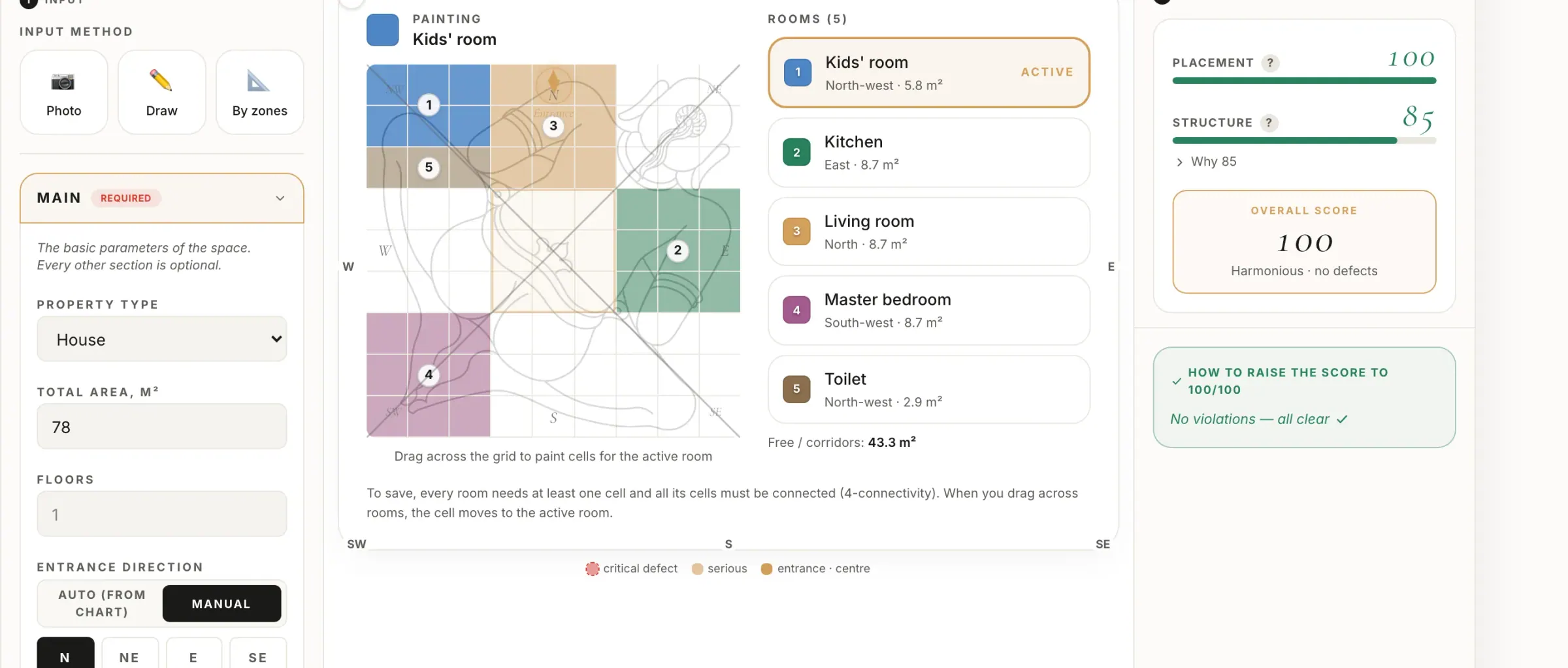 Vastu studio, Precise view: a plan on the 9×9 grid, rooms painted cell by cell