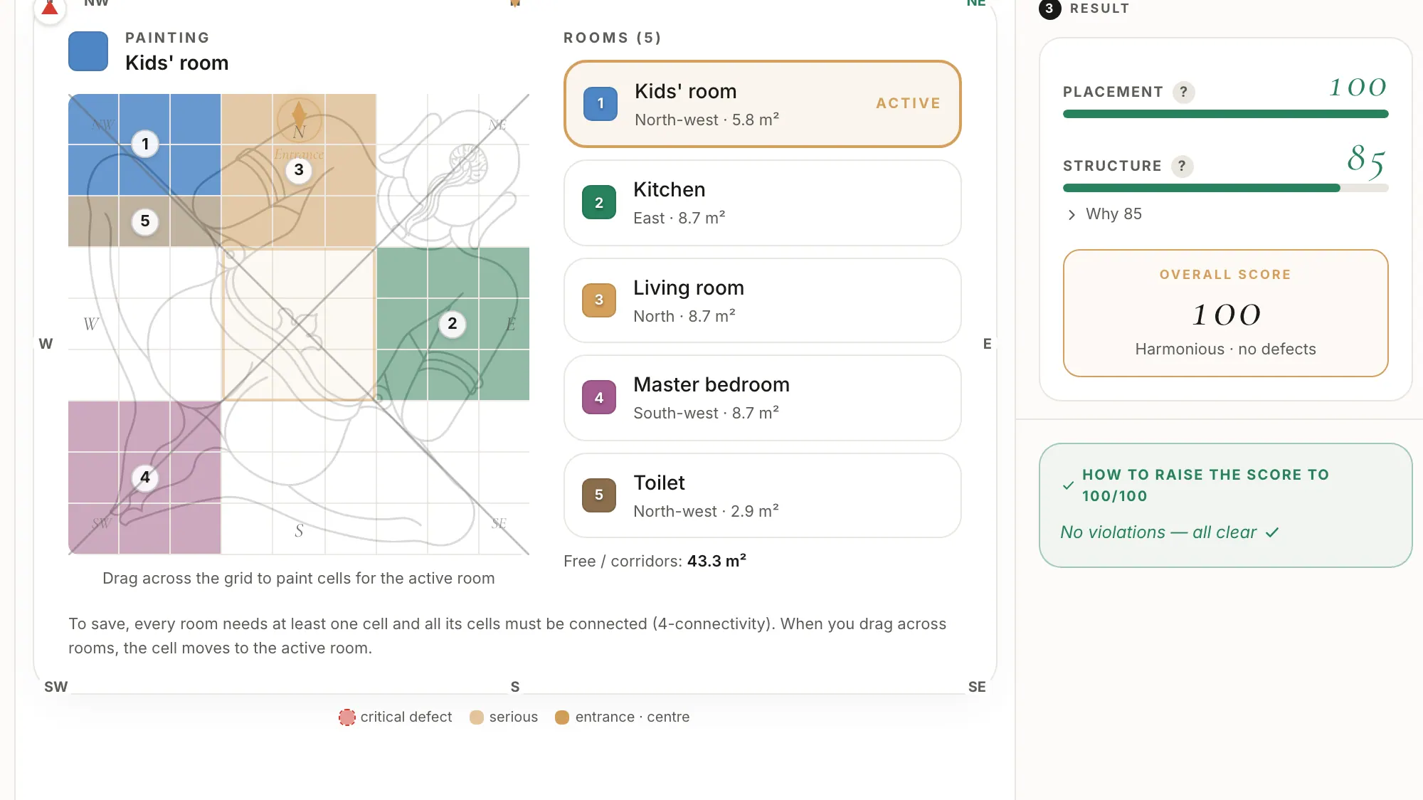 Vastu 9×9 grid with zone scores